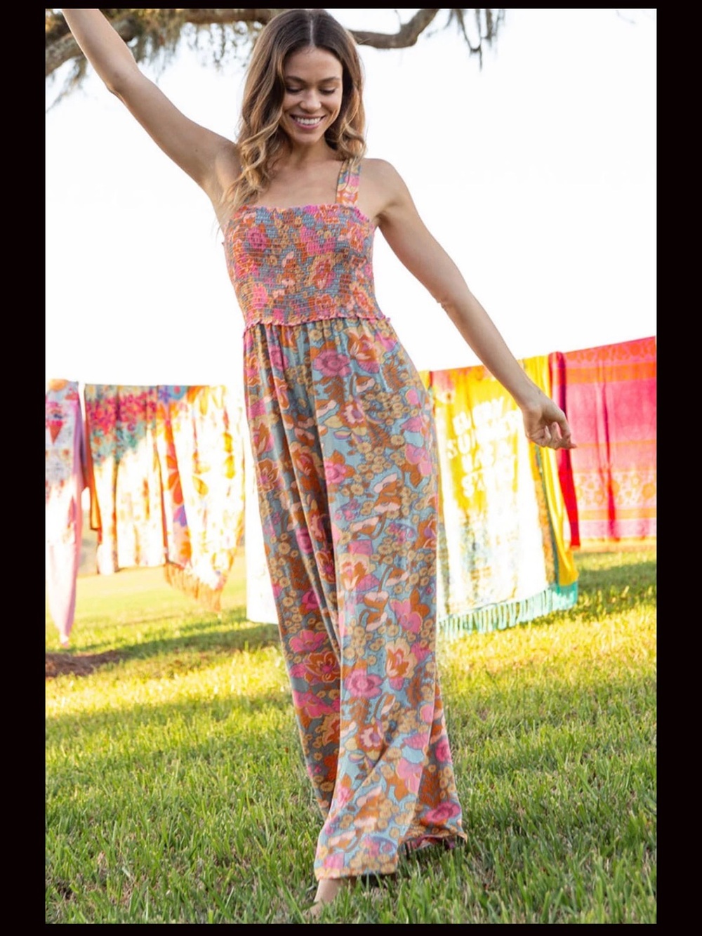 πΈ Natural Life Retro Floral Smocked Wide-Leg Jumpsuit πΈ - Picture 3 of 9